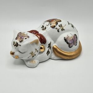 VINTAGE Takahashi San Francisco Hand Painted Sleeping Cat Figurine Butterflies